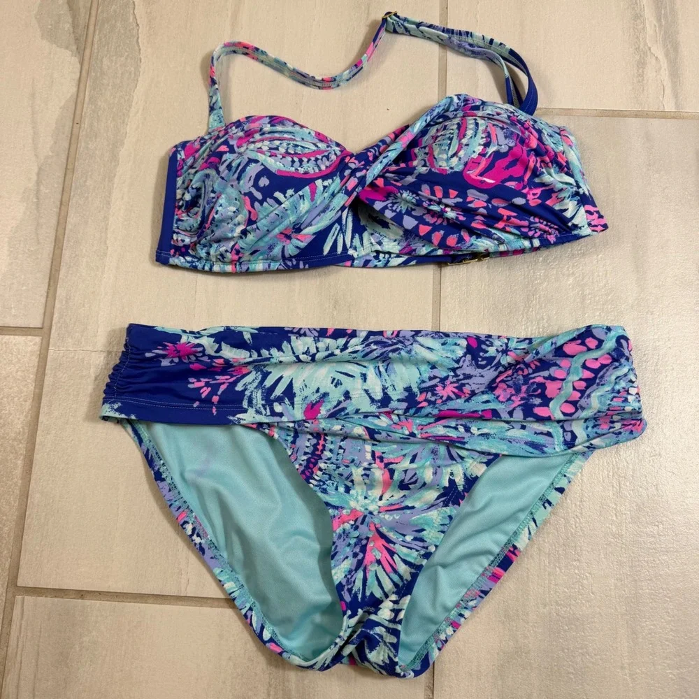 Lilly Pulitzer Bikini Set Blue Pink Tropical Floral Bandeau Top 8 Bottom 6